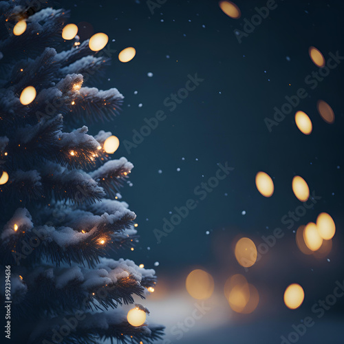 Christmas winter blurred background. Xmas tree with snow decorated with garland lights, holiday festive background