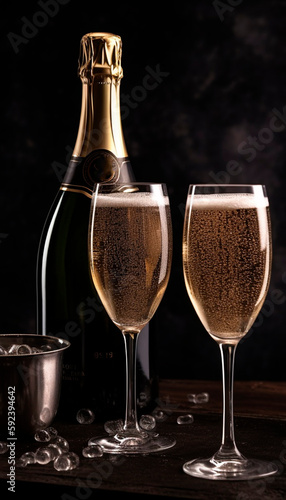 Champagne in a glass on a black background. Generative AI,