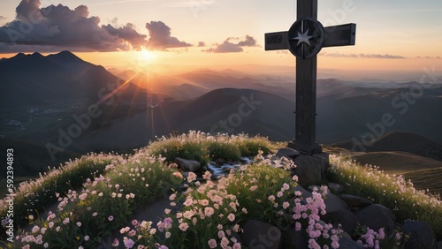 Religious Cross on the mountain at sunset. Landscape with flowers and a cross.