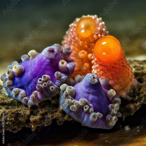 Micronature Sea squirts, tubular bodies, vibrant colors, siphon-like structures, clustered together, rocky underwater environment, coral formations, seaweed, diverse marine life 7 - AI Generative