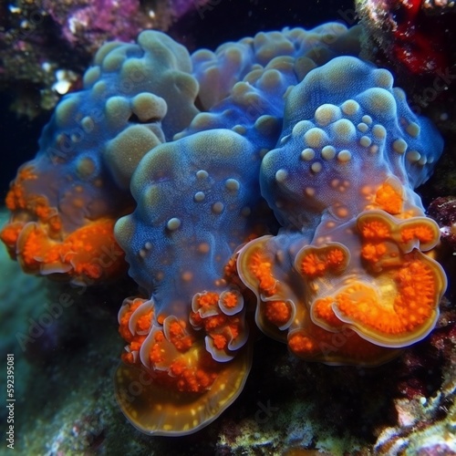 Micronature Sea squirts, tubular bodies, vibrant colors, siphon-like structures, clustered together, rocky underwater environment, coral formations, seaweed, diverse marine life 5 - AI Generative
