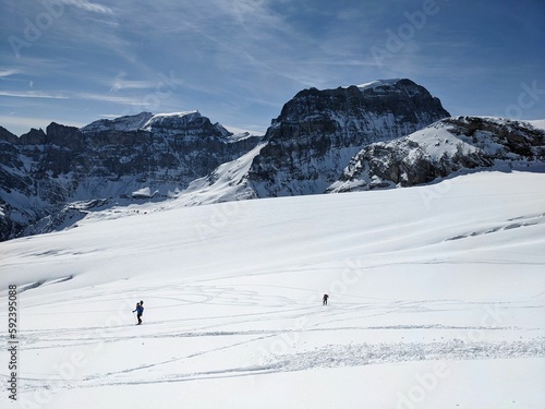 Ski touring trail on the glacier. Exceeding the Clariden firn. High ski tour in uri switzerland. Skimo. High quality photo