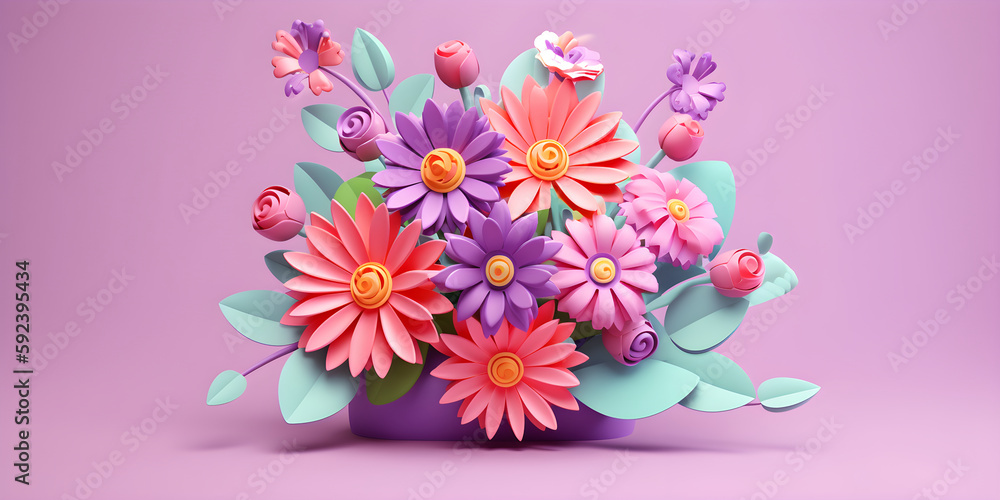 3D banner with flowers illustration, botanical arrangement, festive floral bouquet in a vase, bright candy colors. Happy mothers, valentines, womens day holiday concept. Ai generated.