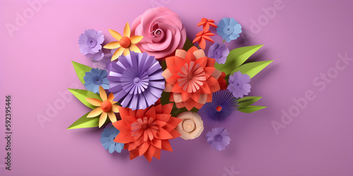 3D banner with flowers illustration, botanical arrangement, festive floral bouquet, paper cut art, bright candy colors. Happy mothers, valentines, womens day holiday concept. Copy space. Ai generated. © AnaWein