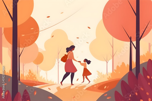 Mother s Day flat illustration with a young mother walks hand in hand with her child in the park  warm colors  bright background. Holiday family concept. Ai generated.