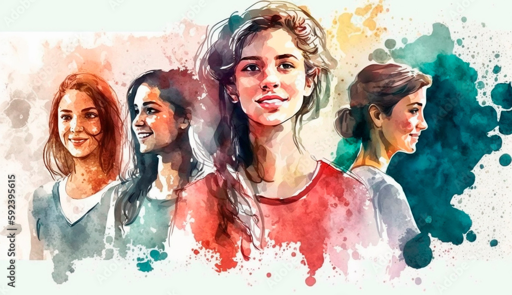 Group of happy women for International Women's Day, watercolor style drawing. Generative Ai,