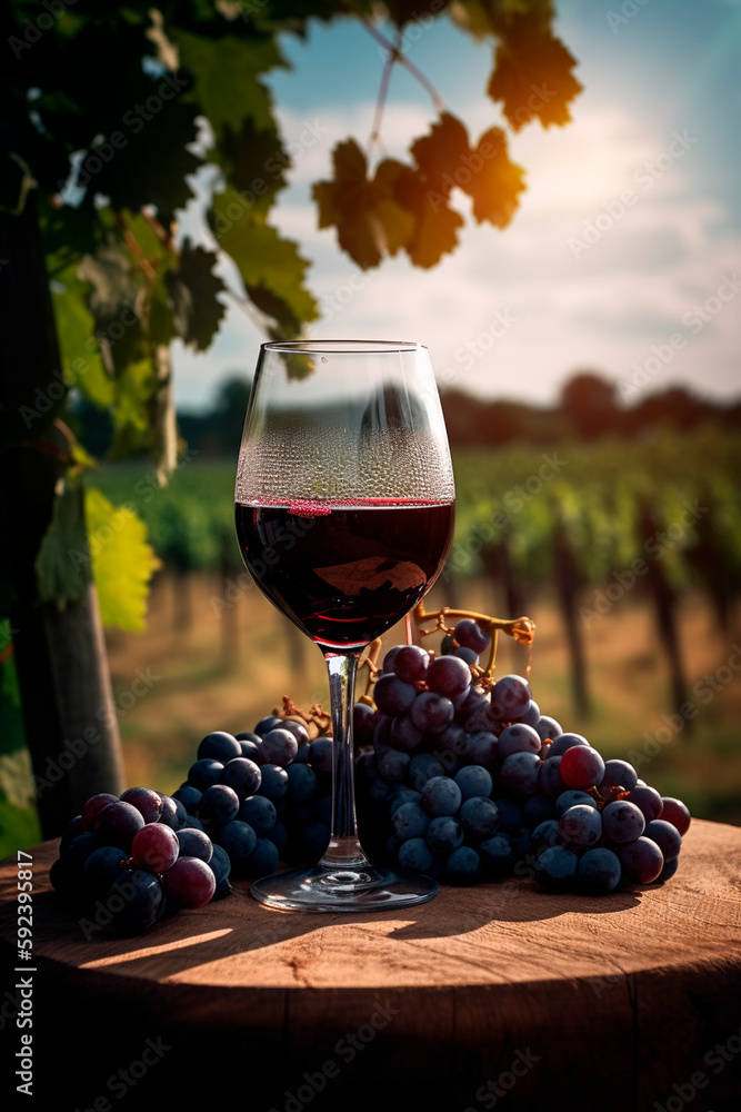 a glass of wine stands on a table with a bunch of grapes overlooking a sunny summer field with vineyards. Generative AI,