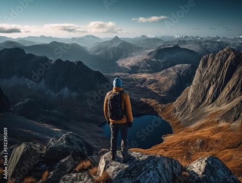 A lone hiker or backpacker standing on a mountain peak  taking in the stunning view