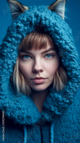 Beautiful young blond woman with blue eyes, dressed in turquoise hoodie with cat ears - generative ai