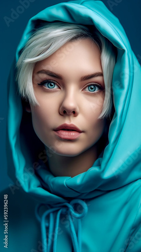 Beautiful young blonde woman with blue eyes, dressed in a turquoise hoodie - ai generative