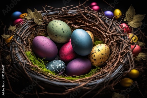 Colorful Easter eggs in nest on dark background. Happy Easter