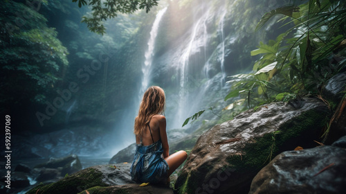 A young woman enjoys a jungle waterfall. Generative AI,
