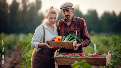a man and a woman farmer harvest vegetables in the garden. Generative Ai,