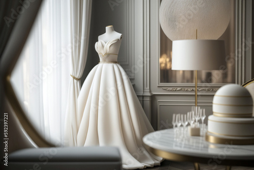 Sweet modern white wedding dress in the luxury room. Super photo realistic background, generative ai illustration © Anna