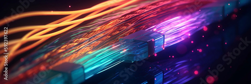 Optical fiber speed concept, colorful lines cable close up high speed network data transfer, generative AI