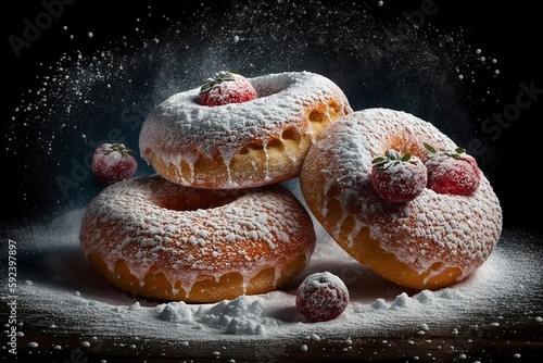 Donuts with jam sprinkled with powdered sugar and berries