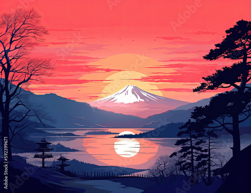 Japanese Winter Sunset Background, Anime, Manga, Cartoon, Illustration. Generative AI
