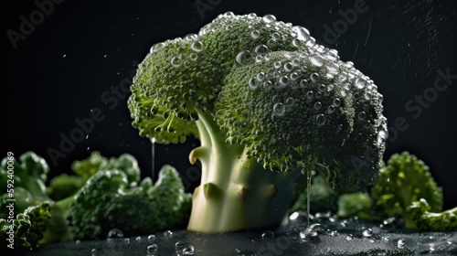Fresh green broccoli with water drops on black background. Healthy food concept.