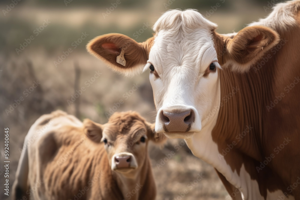 brown cow with furry white and her calf looking at the camera. brown cow with furry white and her calf looking at the camera.