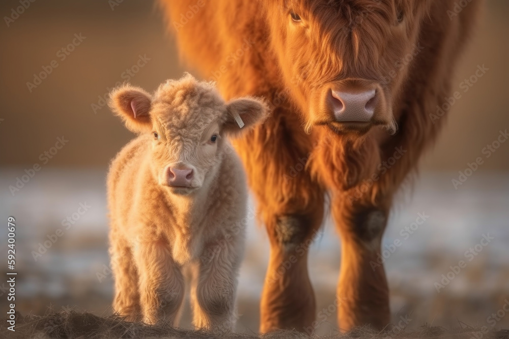 Fototapeta premium brown cow with furry white and her calf looking at the camera.