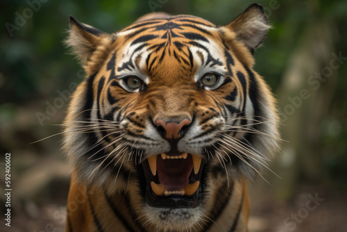 angry tigress with ears back and showing teeth looking at camera. photo
