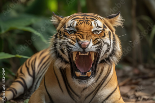 angry tigress with ears back and showing teeth looking at camera. © Giovanna