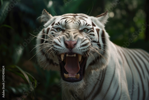 angry white tigress with ears back and showing teeth looking at camera.