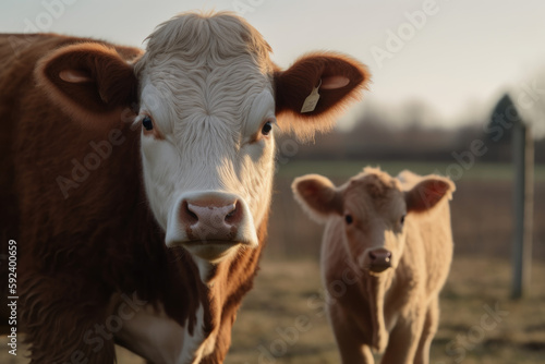 brown cow with furry white and her calf looking at the camera. © Giovanna