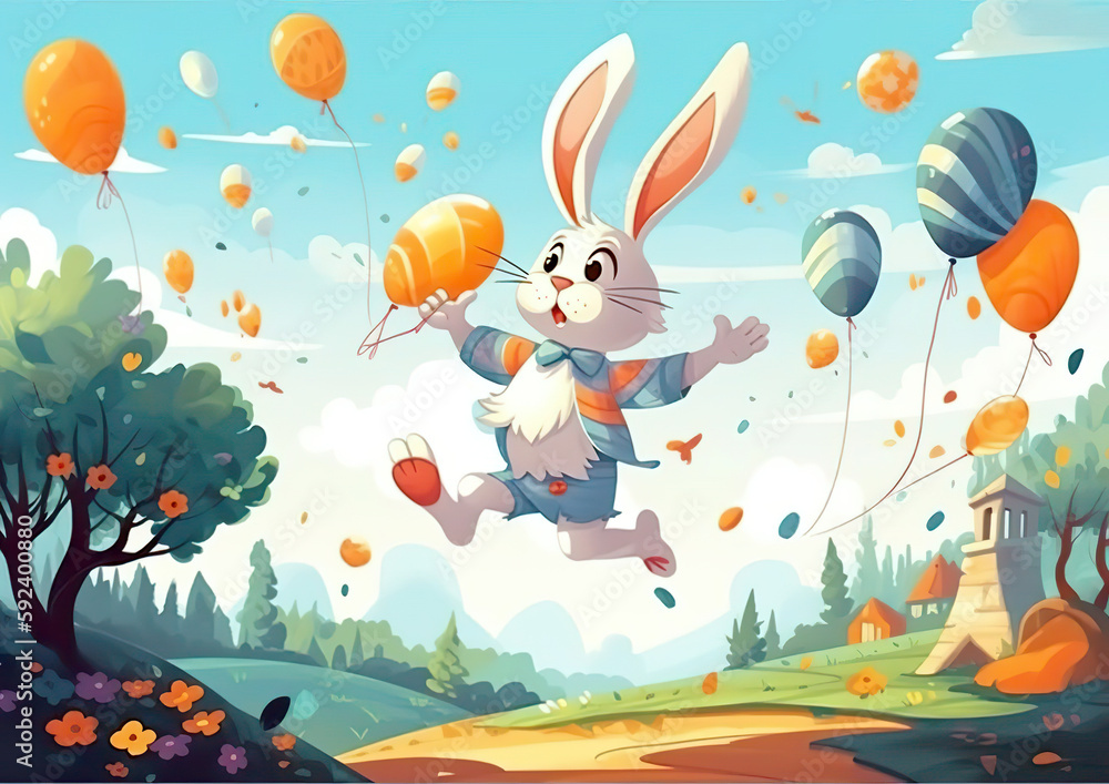 Very happy, smiling bunny cartoon illustration. He is very happy about Easter. Very happy rabbit on the flowery meadow. AI generated illustration with cartoon effect.