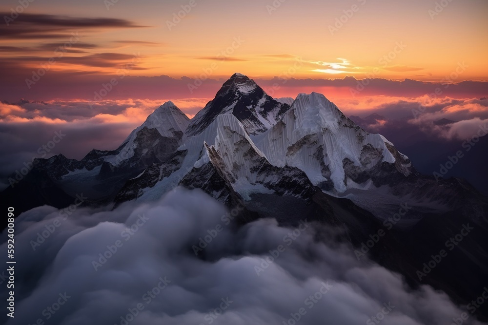 A Birds Eye view of Mount Everest with the peak above the clouds at sunrise. Generative AI.