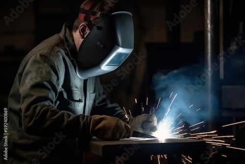 Welder in the metallurgical industry performing welding in his workshop. Generative AI.