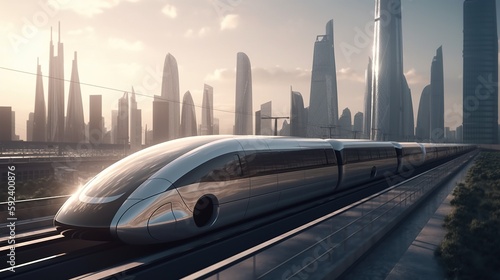 A high-speed hyperloop train demonstrates its power while speeding through a futuristic metropolis. Generative AI.
