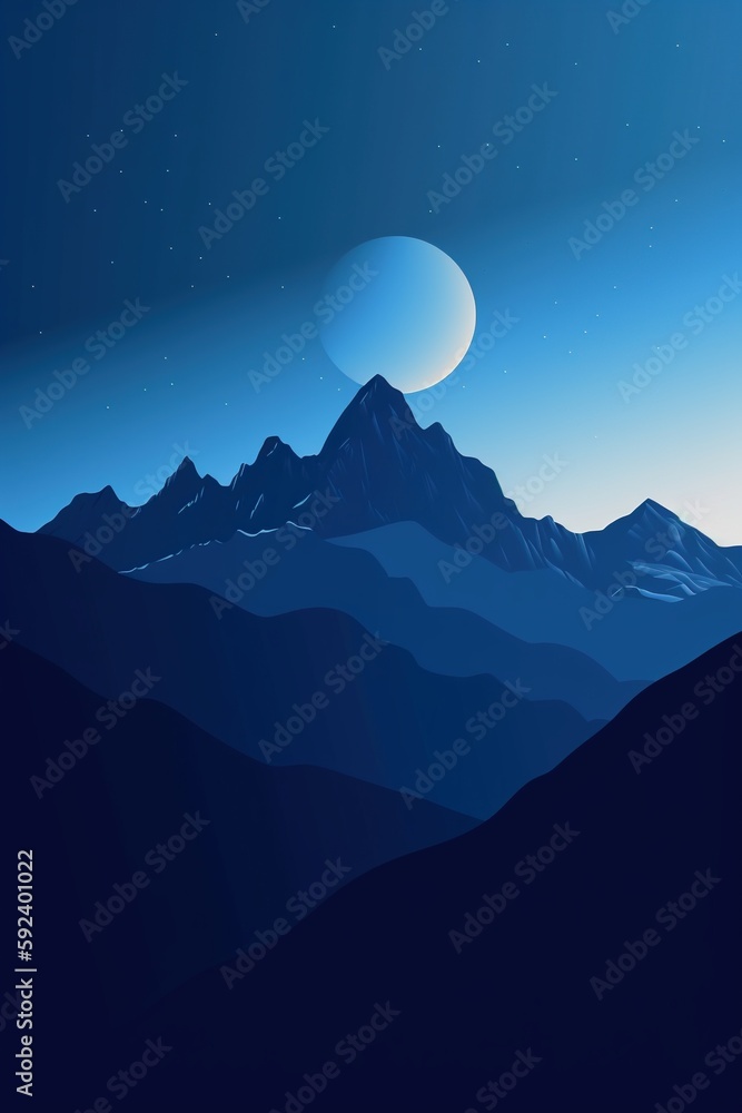 A mountain range in mininalistic silhoutte style, blue background. Generative AI.