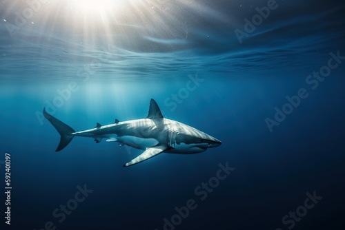 A white shark in a blue ocean. Generative AI. © Bargais