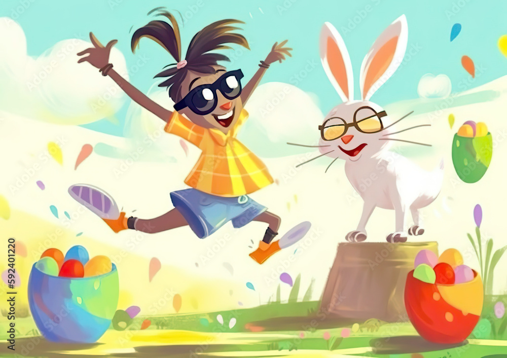 Very happy, smiling bunny cartoon illustration. He is very happy about Easter. Very happy rabbit on the flowery meadow. AI generated illustration with cartoon effect. Very happy, smiling bunny cartoon illustration. He is very happy about Easter. Very happy rabbit on the flowery meadow. AI generated illustration with cartoon effect.