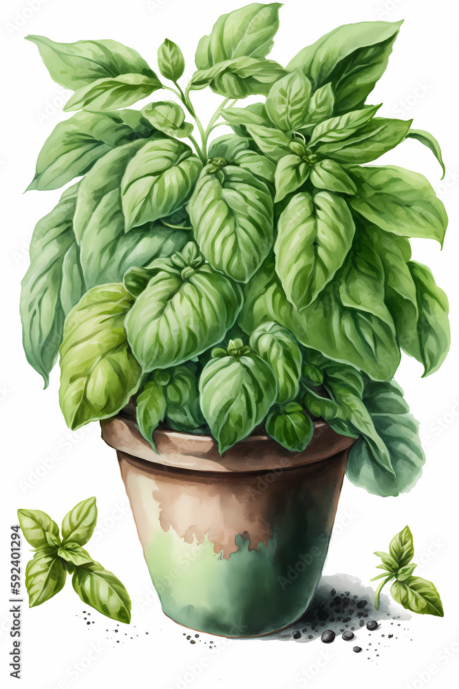 Fototapeta premium Fresh basil plant in a pot, watercolor illustration, generative AI