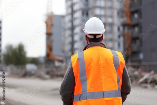 Fototapeta Construction worker with helmet, wearing fluorescent waistcoat while looking at construction site