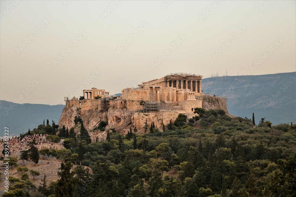 view of the Acropolis in Athens, Greece after sunset