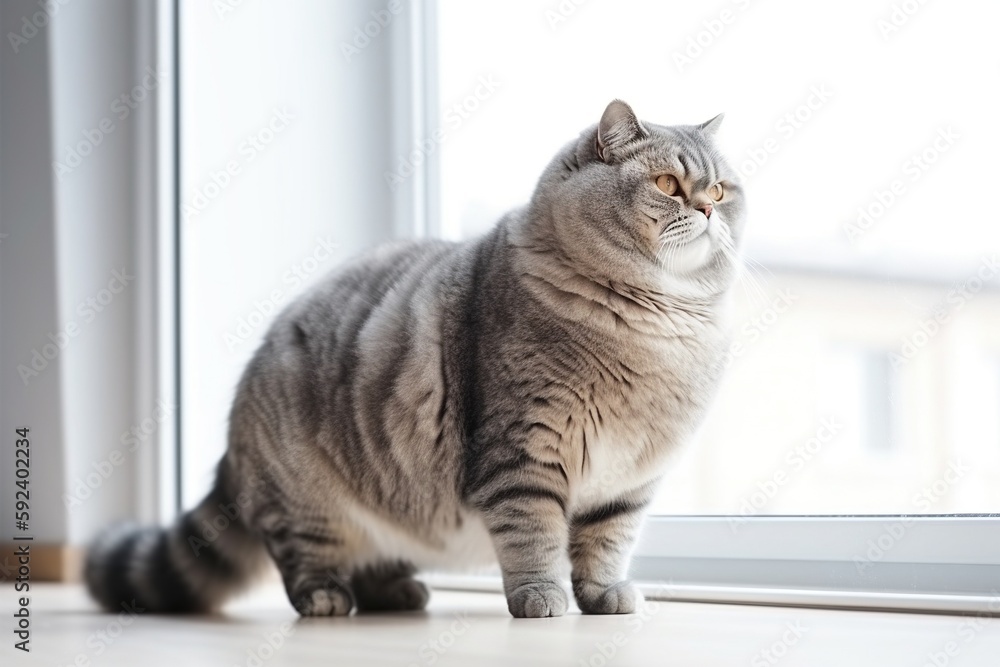 Fat cat standing in a bright room. Generative AI. Fat cat standing in a bright room. Generative AI.