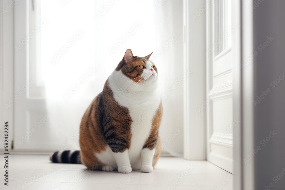 Fat cat standing in a bright room. Generative AI.