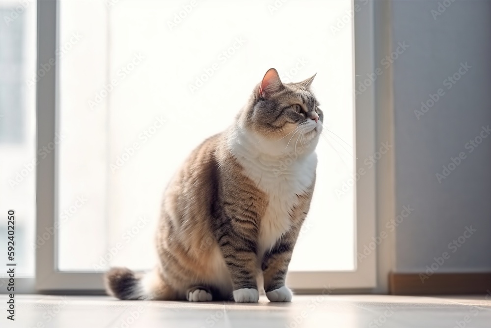 Fat cat standing in a bright room. Generative AI.