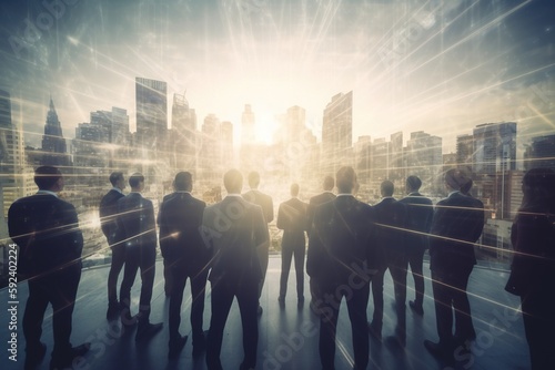 Double exposure image of many business people s conference group meeting on city office building. Concept of teamwork. Generative AI.