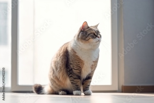 Fat cat standing in a bright room. Generative AI. © Bargais