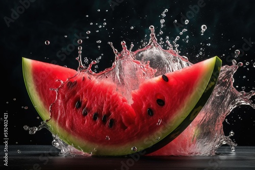 Fresh slices of watermelon, flying splashing juice. Generative AI.