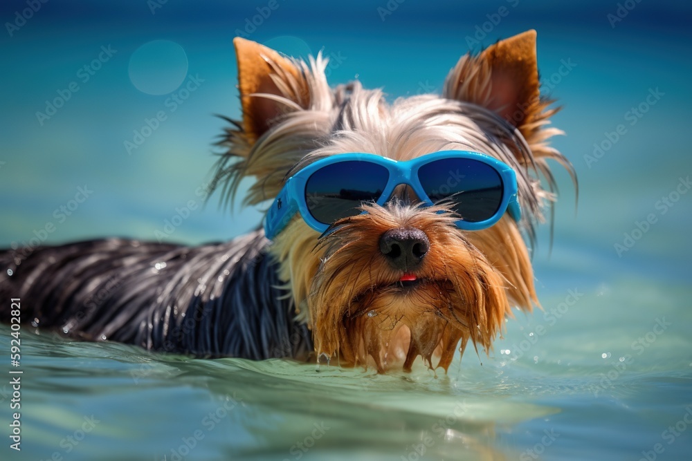 Yorkshire Terrier in sun goggles on blue water. Generative AI.