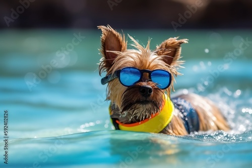 Yorkshire Terrier in sun goggles on blue water. Generative AI. © Bargais