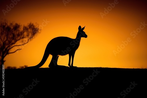 Kangaroo silhouette an sunset. Generative AI. © Bargais