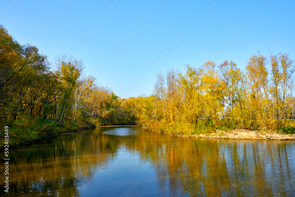 Blue river in the autumn forest on a sunny day.