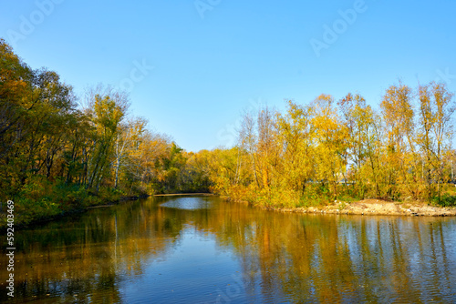 Fototapeta Naklejka Na Ścianę i Meble -  Blue river in the autumn forest on a sunny day.
