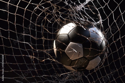 Soccer ball breaking through the goal net. Generative AI.